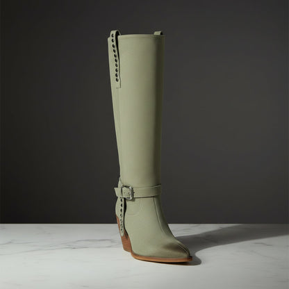 Women's Western Knee-High Boots with Studs | Pointed Toe Chunky Heel & Buckle
