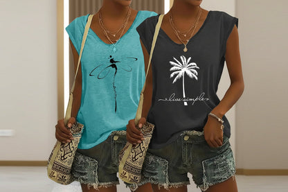 2-Pack Women's V-Neck Sleeveless Tank Tops – Loose Fit Casual Summer Beach Shirts