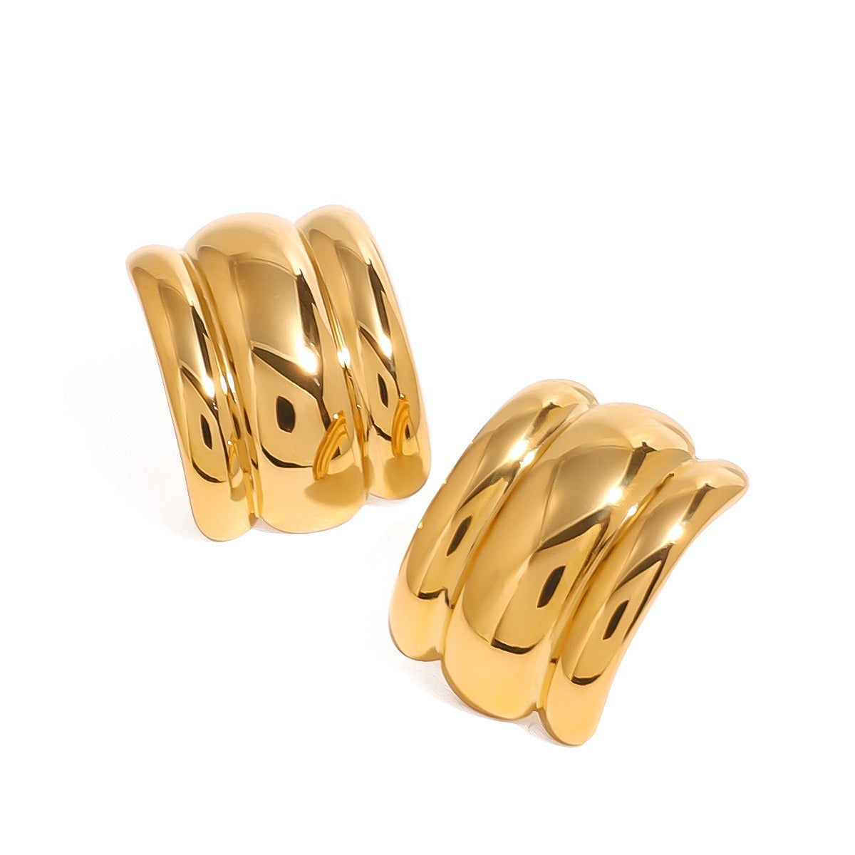18k gold C-shaped wide face with striped design, fashionable and simple earrings