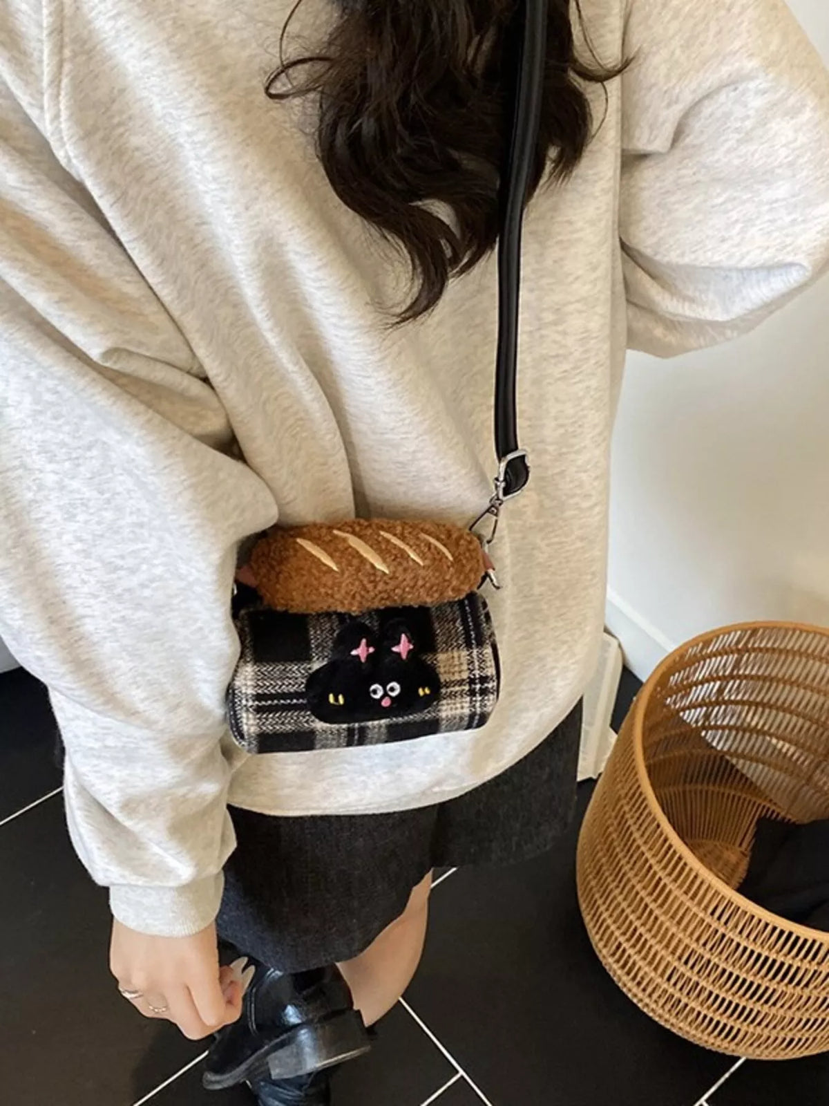 Plaid Pattern Plush Trim Crossbody Bag
