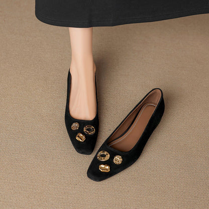 Women's French Retro Suede Pumps | Studded Slip-On Low-Cut Work Shoes with Hidden Lift | EU 36–40