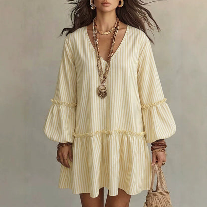 Women's Stripe Print V-Neck Lantern Sleeve Mini Dress