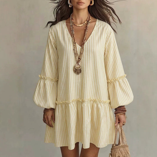 Women's Stripe Print V-Neck Lantern Sleeve Mini Dress