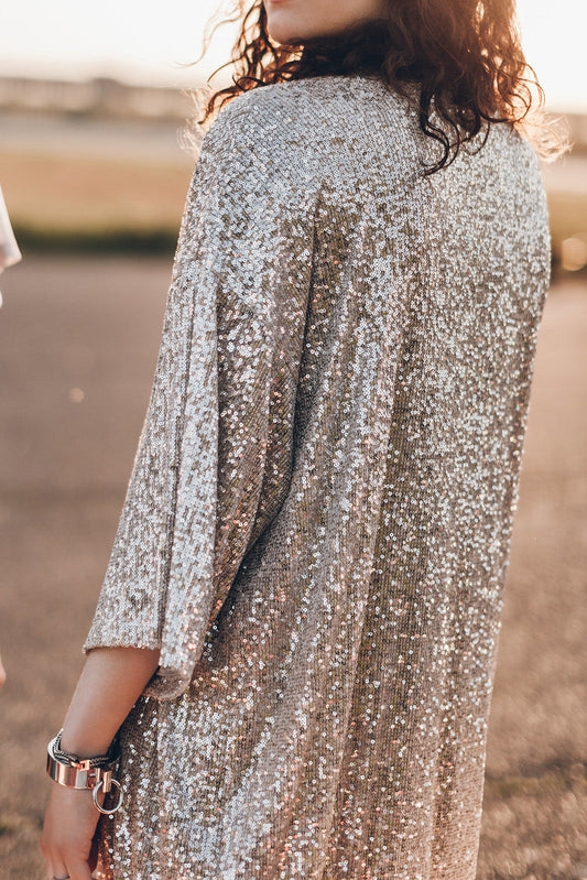 Apricot Sequin 3/4 Sleeve Open Front Duster Cardigan - Femstylo