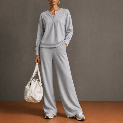 Women's Single-Button Split-Neck Sweatshirt & Wide-Leg Pants Set