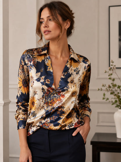 Women's Retro Ink-Wash Floral Satin Blouse – Deep V-Neck Lapel