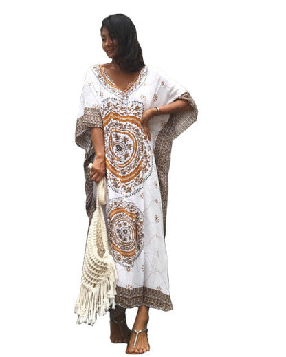 Rayon Positioning Floral Loose Long Beach Cover-up Robe Dress Vacation Clothes