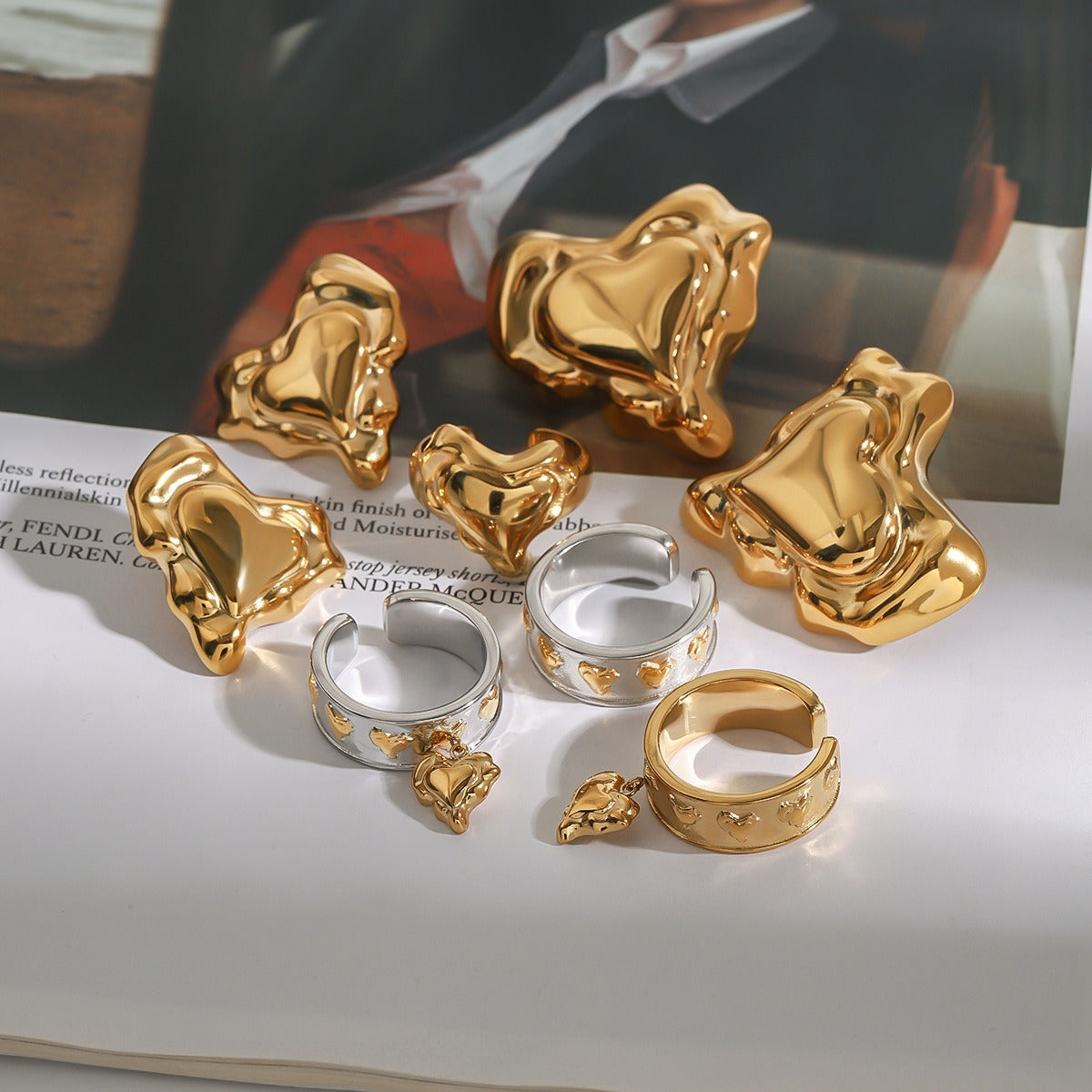 18K Gold Heart Design Trendy Personalized Earring and Ring Set
