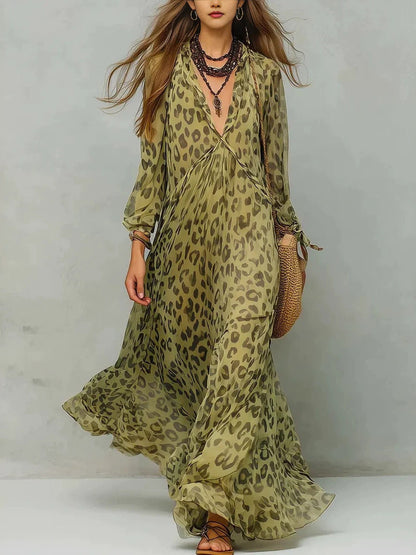 Women's Leopard Print Chiffon Deep V-Neck Flared Maxi Dress | Three-Quarter Sleeve Beach Vacation Dress