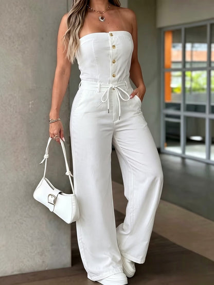 Strapless Button-Front Wide-Leg Jumpsuit