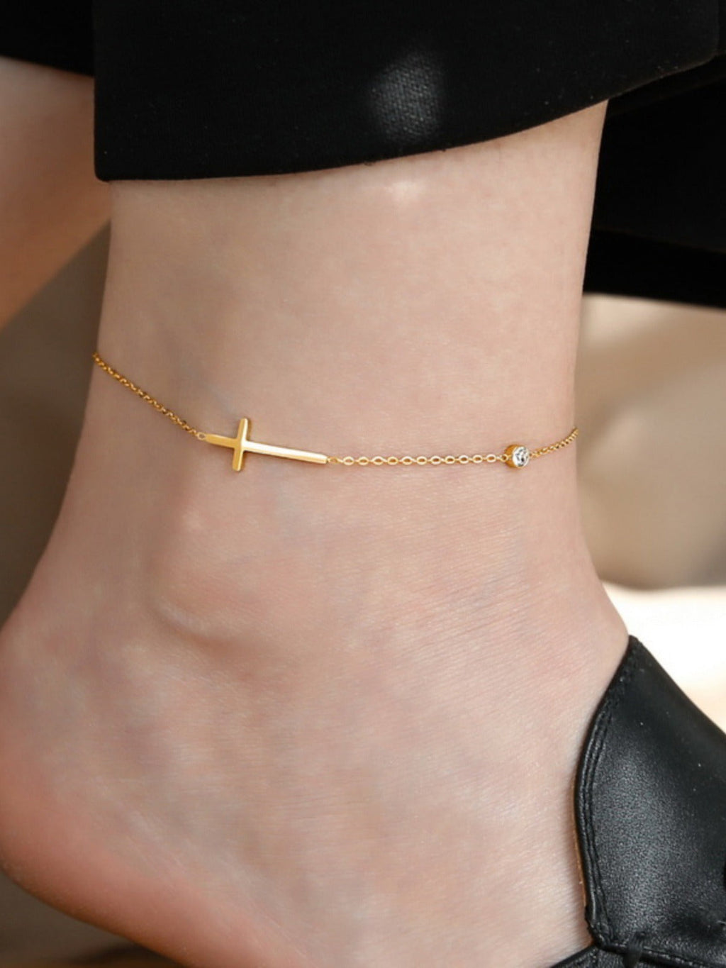 High-end 18K gold-plated cross crystal anklet