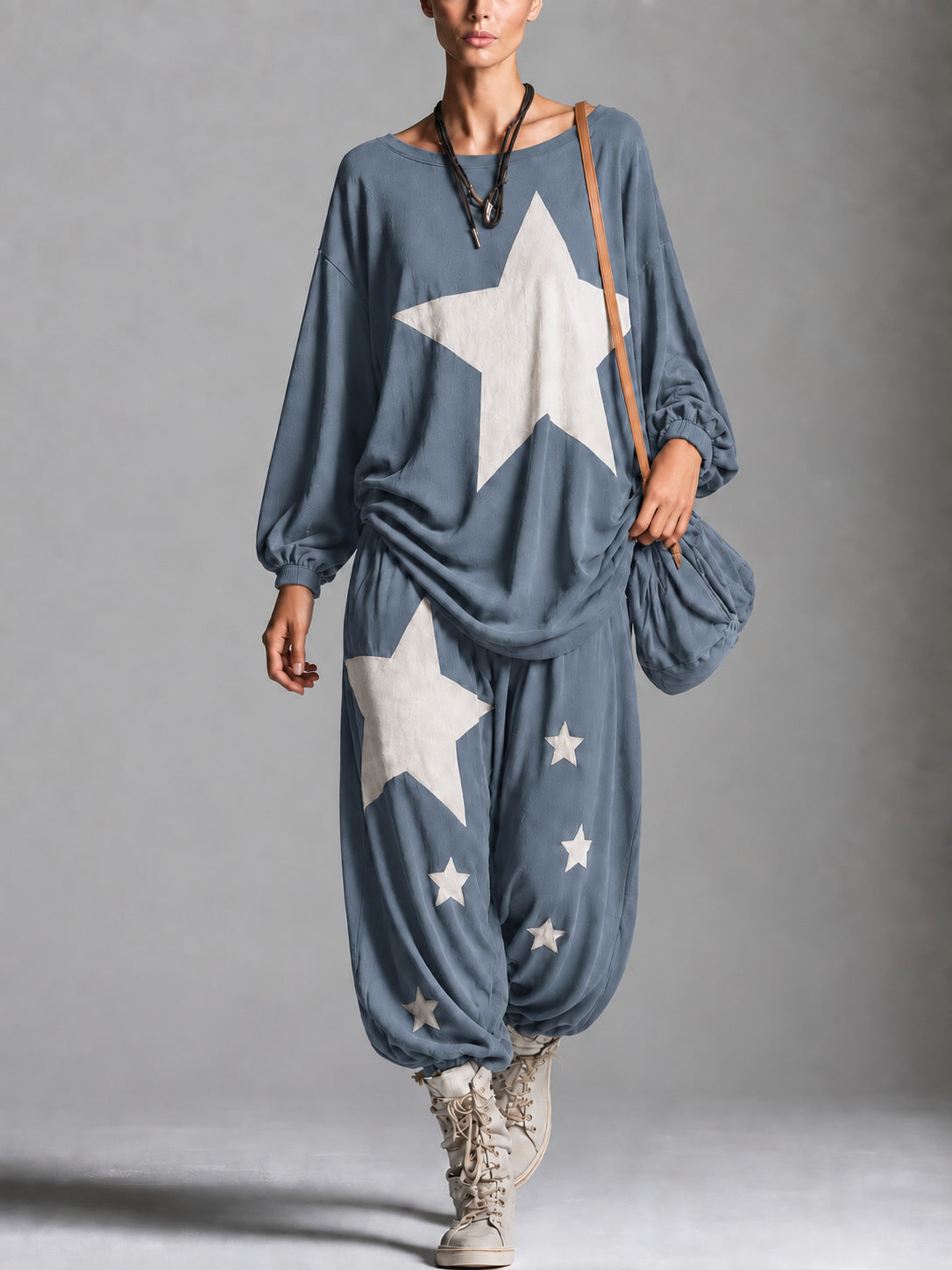 Women's Star Print Oversized Batwing Long-Sleeve Sweatshirt & Harem Balloon Trouser Set