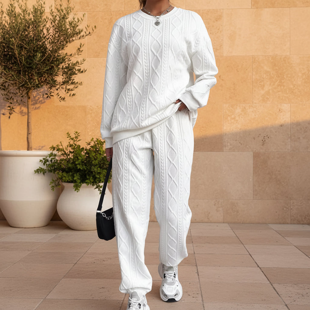 Women's Cable-Knit Texture Sweatshirt & Jogger Pants Set