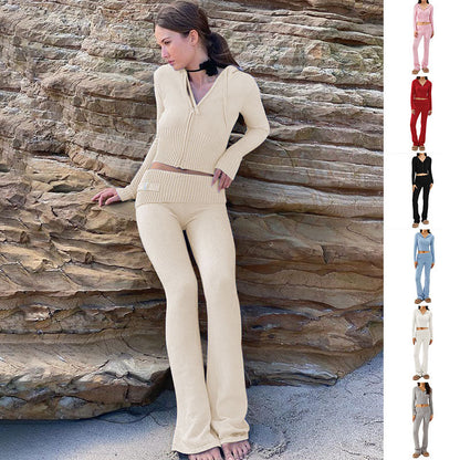 Women’s Knitted Hooded Two-Piece Set – Cardigan & High-Waisted Pants Suit