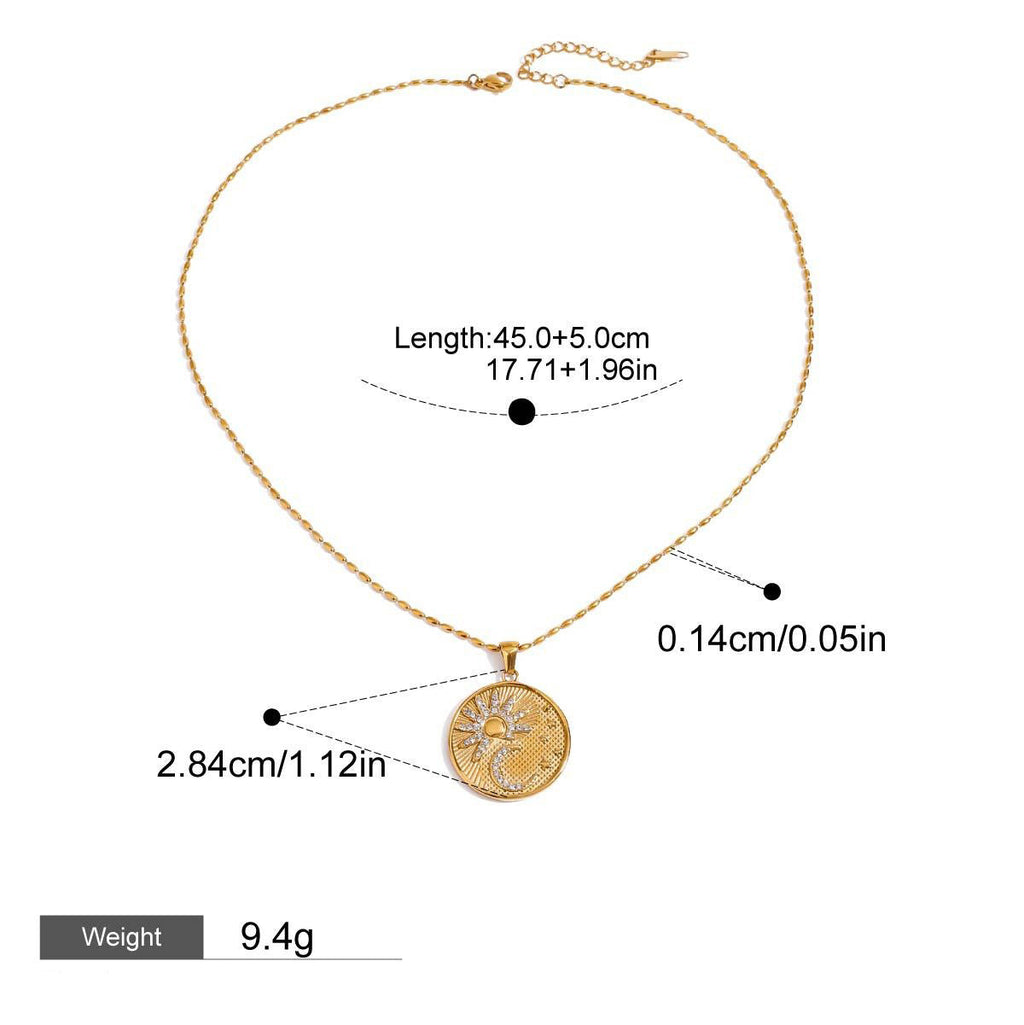 18K gold round necklace with sun and moon pattern and diamond design