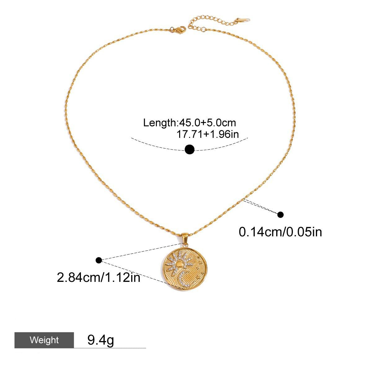 18K gold round necklace with sun and moon pattern and diamond design