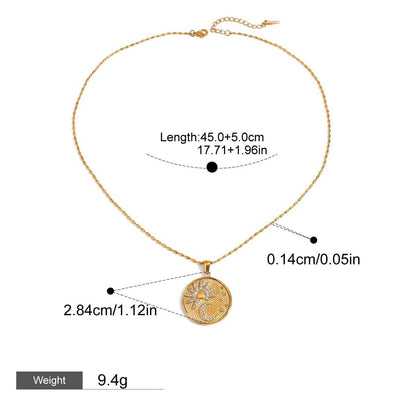 18K gold round necklace with sun and moon pattern and diamond design