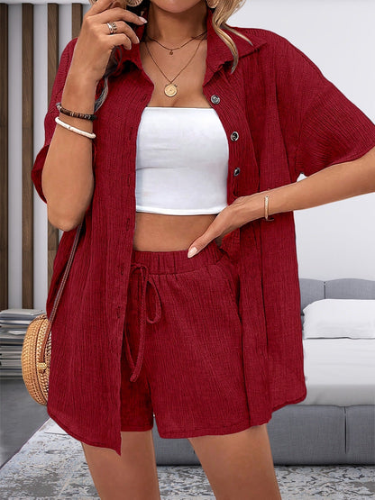 Women's Solid Color Button-Front Lace-Up Two-Piece Set