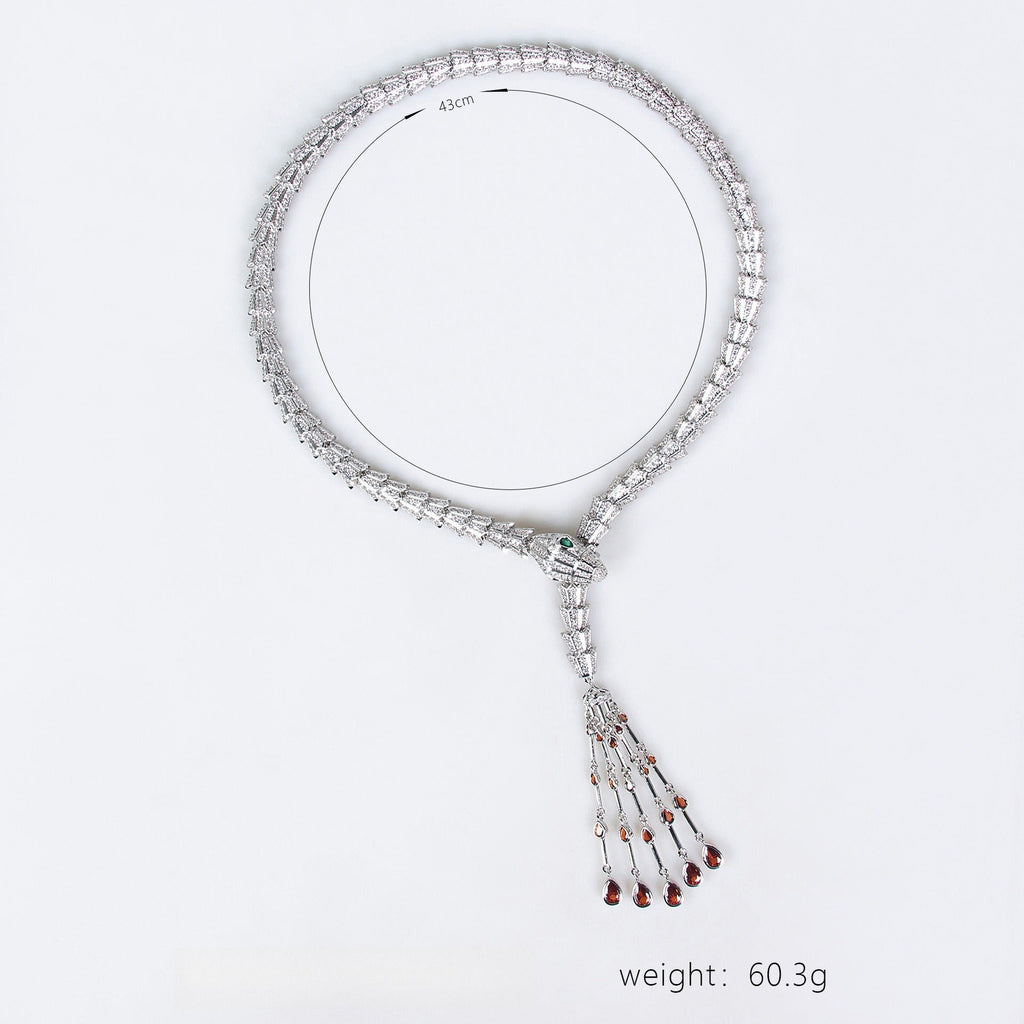 Serpentine Tassel Necklace with Diamonds and Zirconia