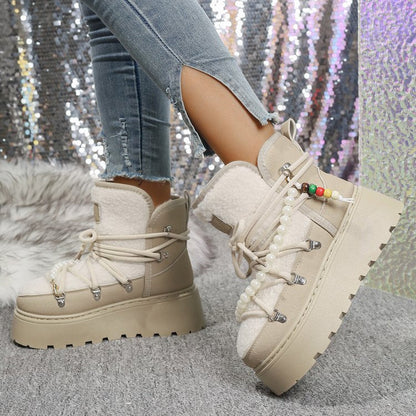 Platform Snow Boots | Faux Shearling Lace-Up Winter Boots with Pearl Chain