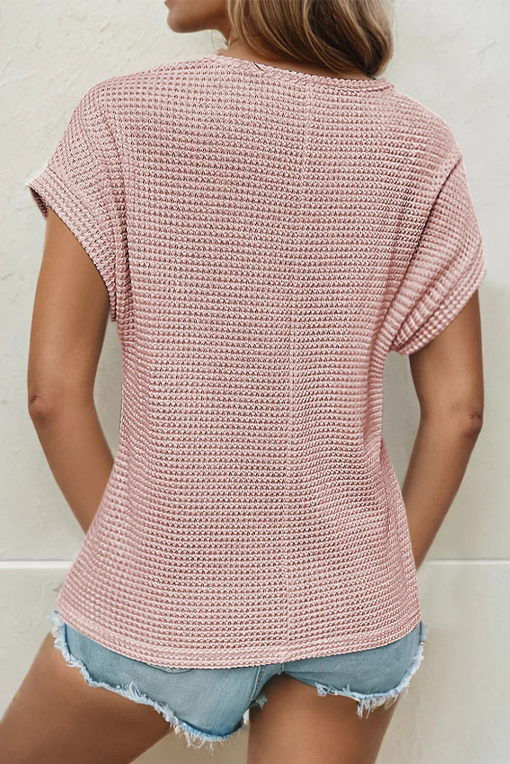Mist Green Hollow Patchwork Waffle Knit Top