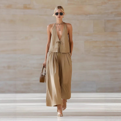Women's Sleeveless Vest & Wide-Leg Pants Set – 2-Piece Lace-Up Outfit