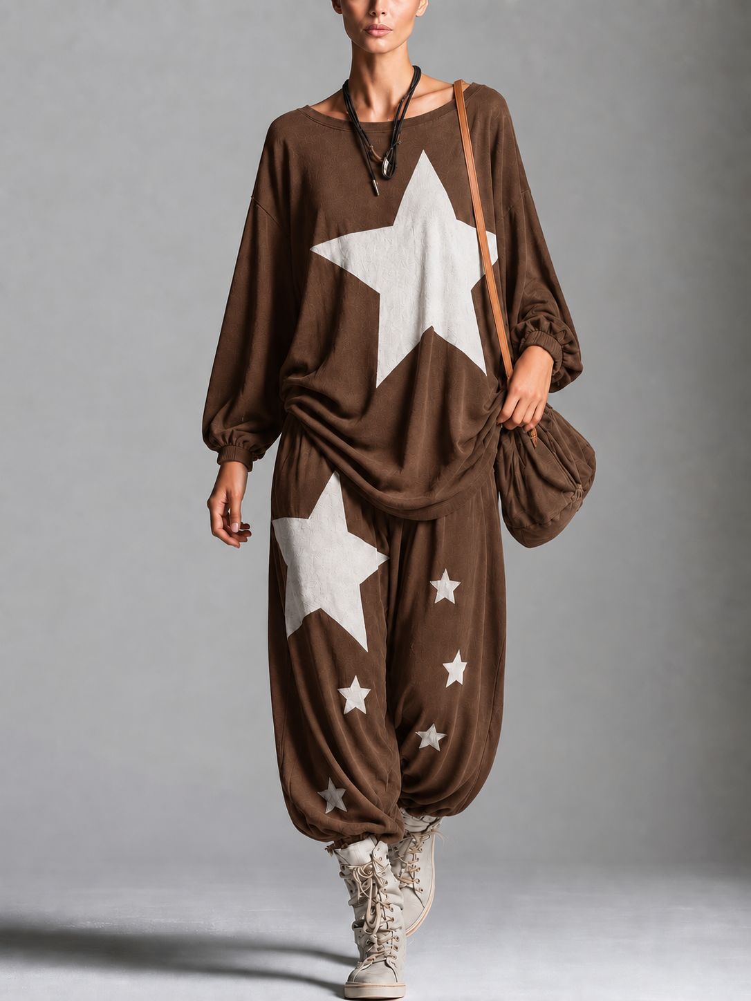 Women's Star Print Oversized Batwing Long-Sleeve Sweatshirt & Harem Balloon Trouser Set