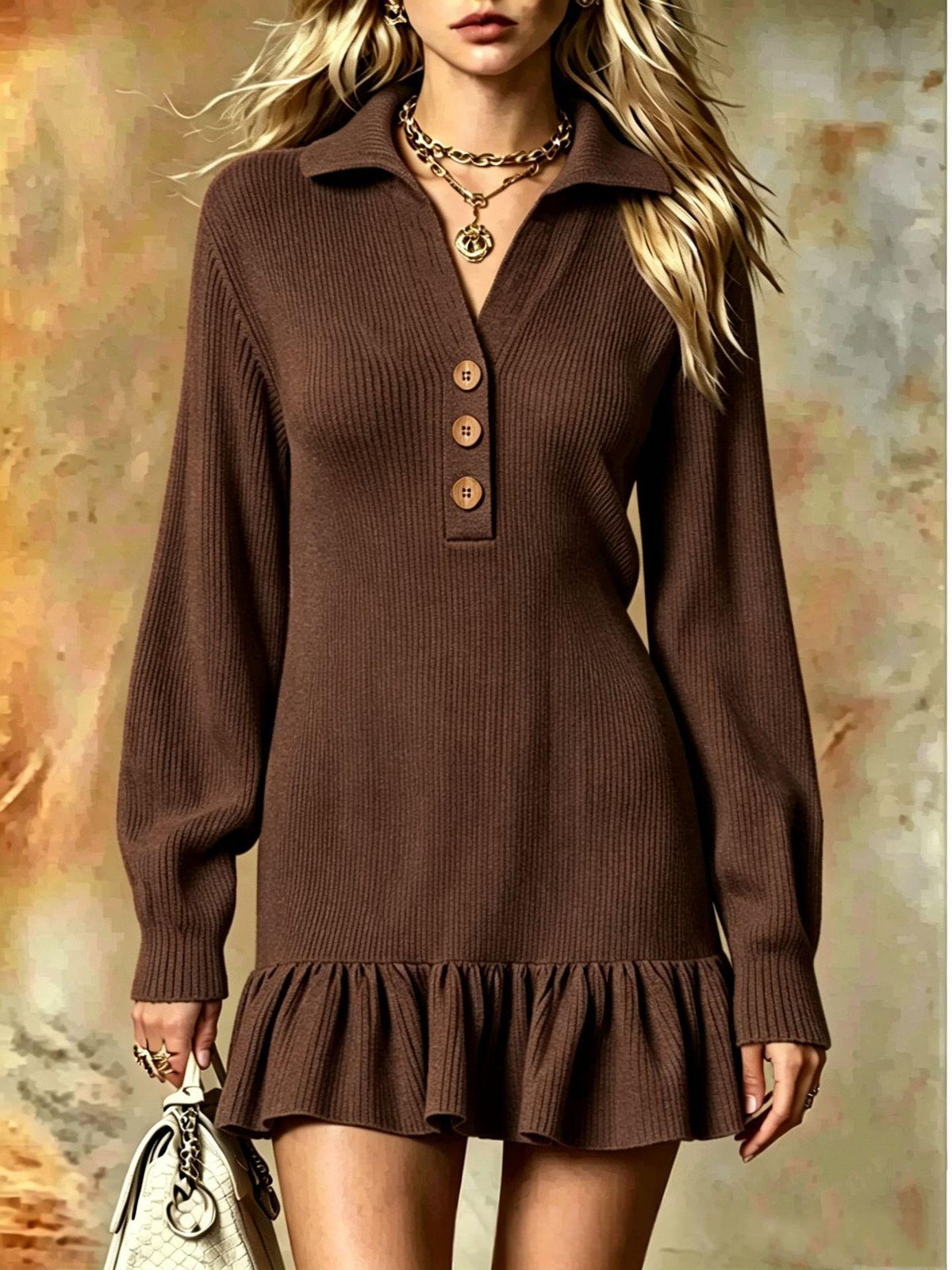 Ribbed Knit Polo Dress | Ruffle Hem Mini | Button-Neck Long Sleeve Dress