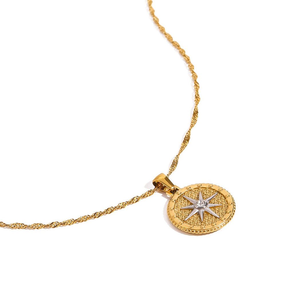 18K gold round necklace with eight-pointed star design, classic and fashionable