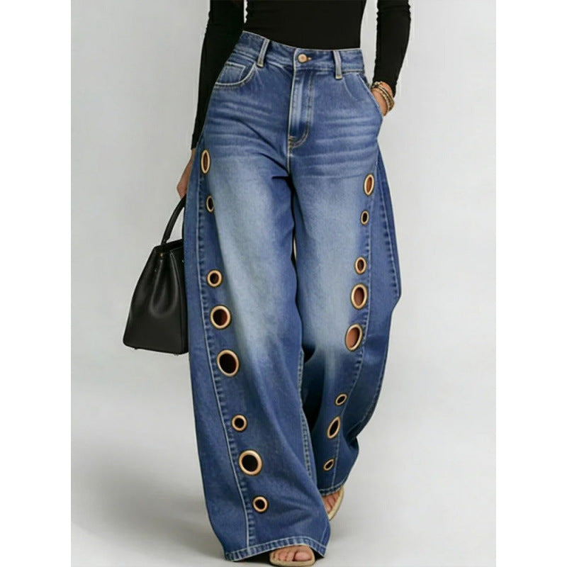 Women's Metal Eyelet High Waist Loose Wide-Leg Jeans – Light Blue, Black, Dark Blue