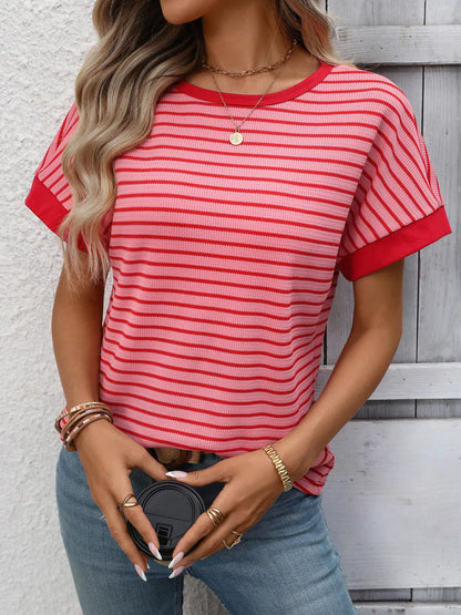 Striped Ribbed Knit Short Sleeve T-Shirt