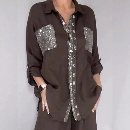 Women's Sequin Pocket Button-Up Shirt & Wide-Leg Pants Set