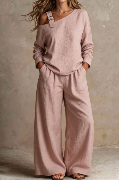 Women's One-Shoulder Buckle-Strap Long-Sleeve Linen Blend Top & Wide-Leg Palazzo Trouser Set
