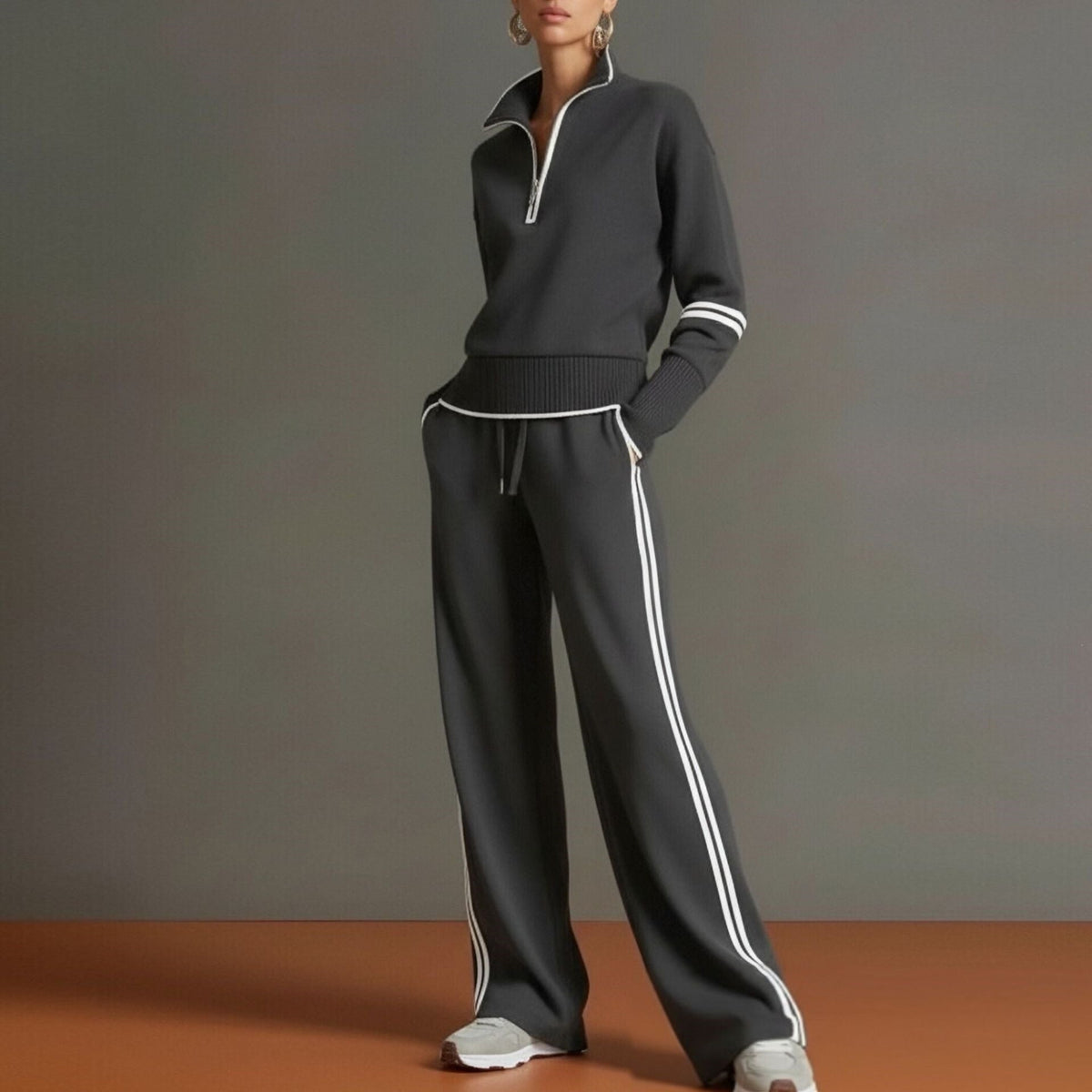 Women's Half-Zip Striped Sweatshirt & Wide-Leg Pants Set