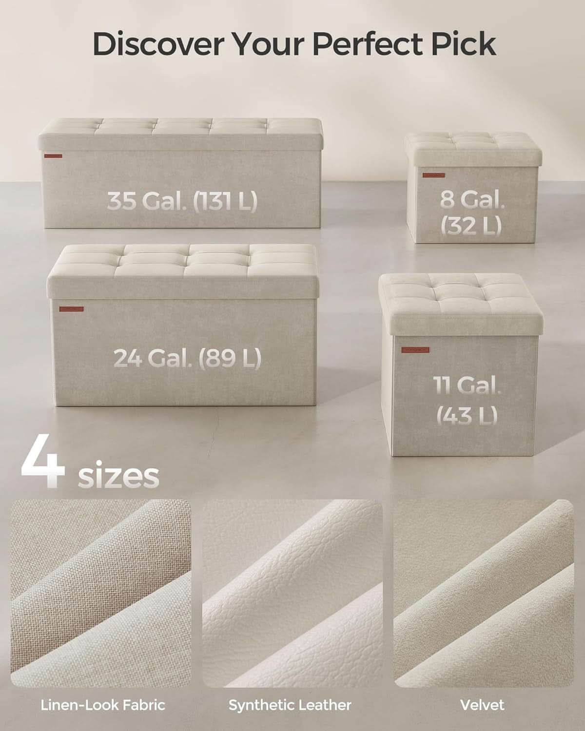 Cream White Storage Ottoman Bench Foldable 15x43x15