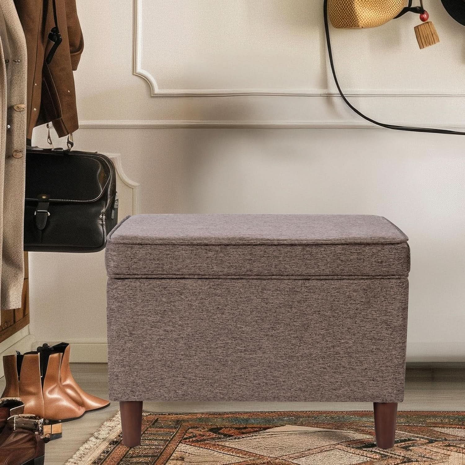 Chocolate Brownstone Storage Ottoman With Hinged Lid