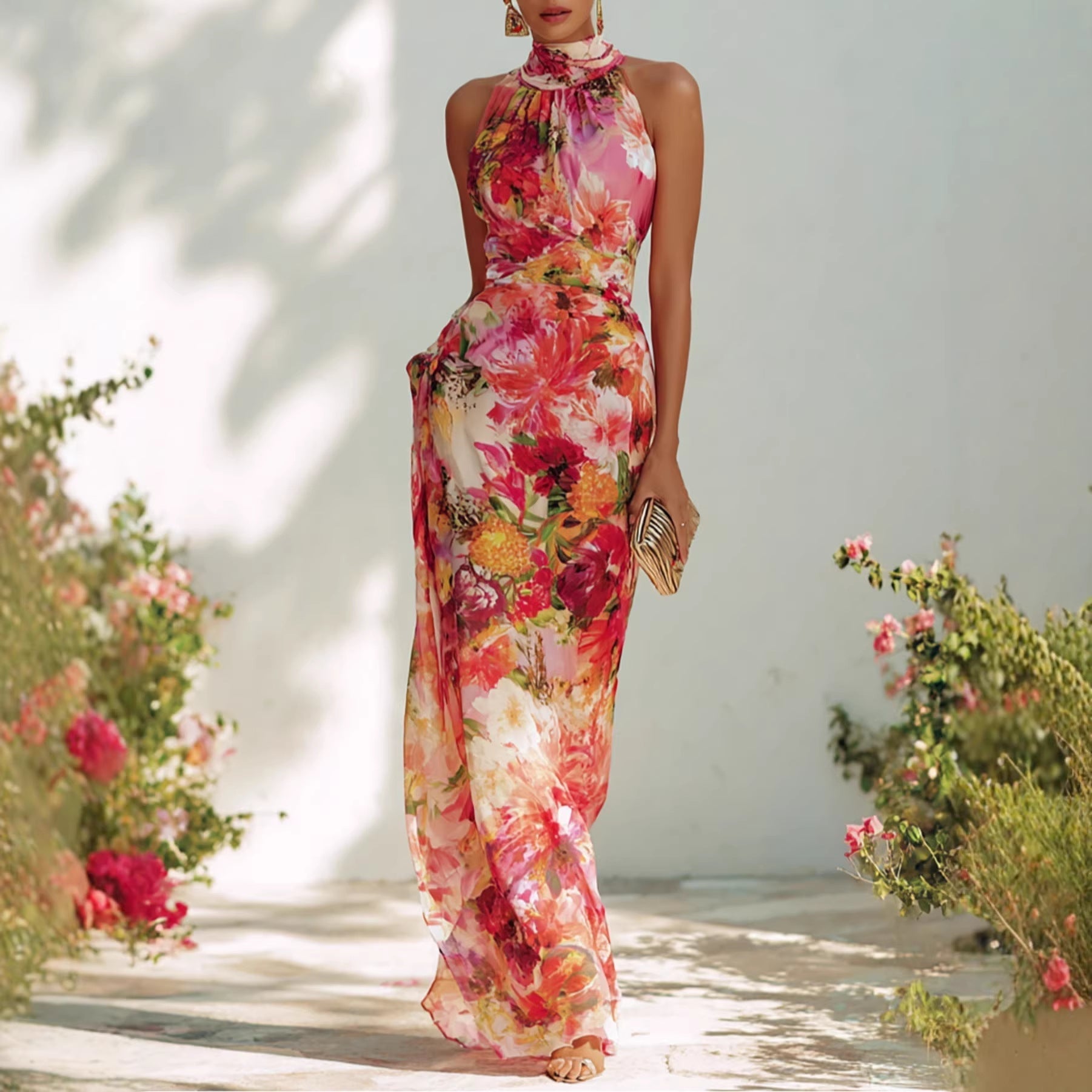 Floral Strapless Chiffon Maxi Dress – Elegant High-Waist A-Line Long Dress for Women