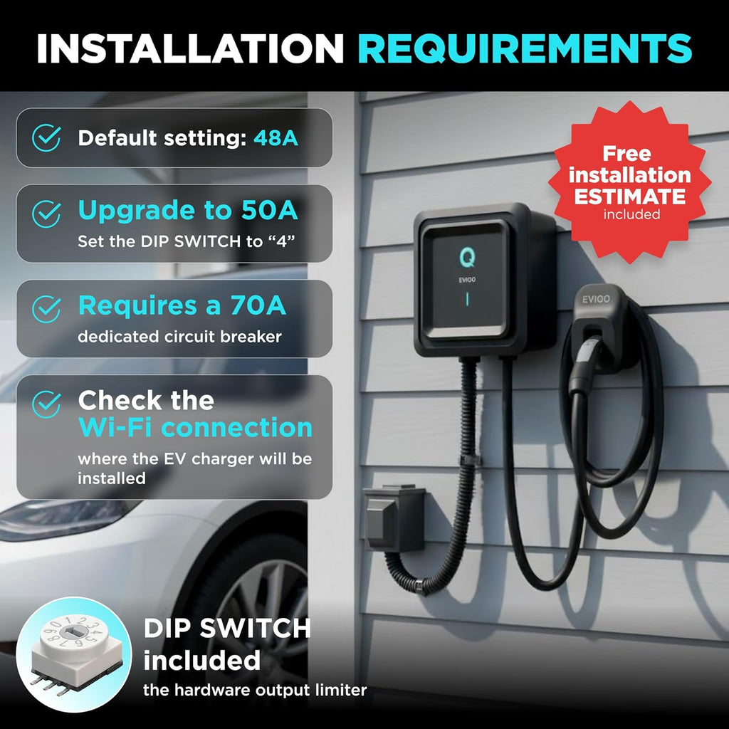 EVIQO NACS Level 2 EV Charger, 48A (50A Max), 240V, Hardwired, for Tesla EVs