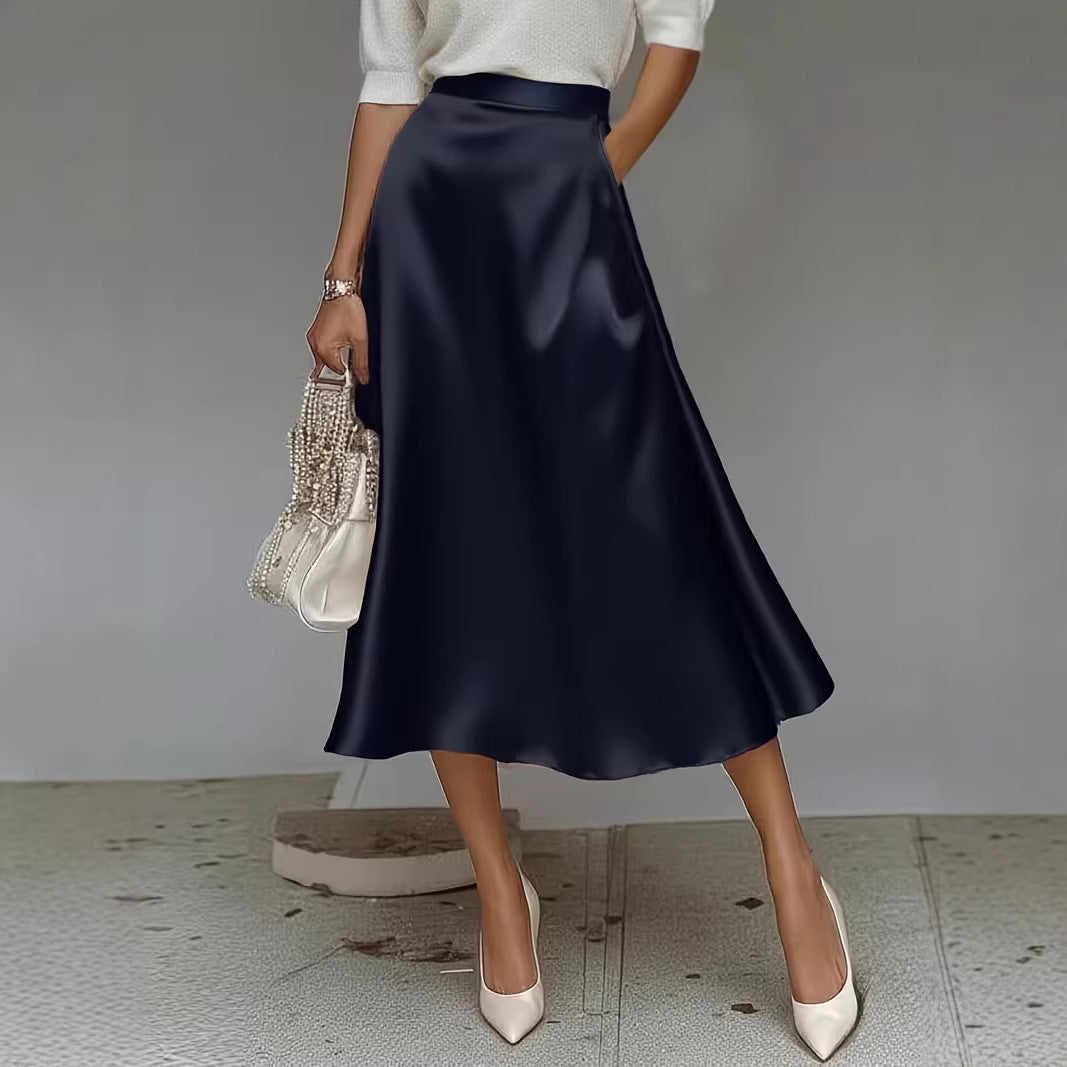 Women's Satin Solid Color Mid-Length Skirt – Slight Stretch