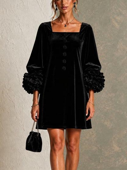Velvet Mini Dress | Square Neck | 3D Floral Cuff Balloon Sleeve