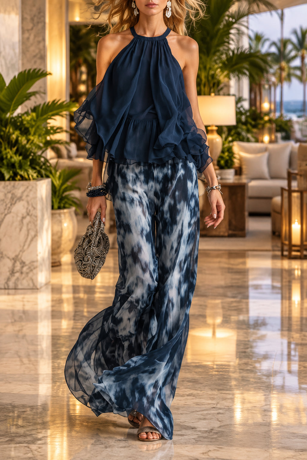 Women's Navy Ruffled Halter Top & Abstract-Print Palazzo Pants Set