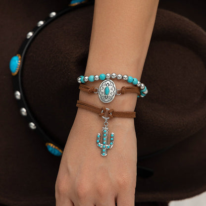 Imitation Turquoise Cactus Tag Bracelet Set