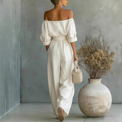 Women's Off-Shoulder Long-Sleeve Top & Wide-Leg Pants Two-Piece Set