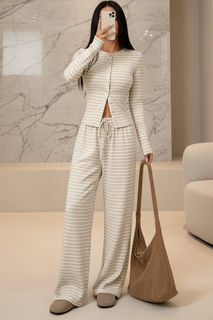 Women's Stripe Fitted Button-Front Crop Top & Drawstring Wide-Leg Pants Set