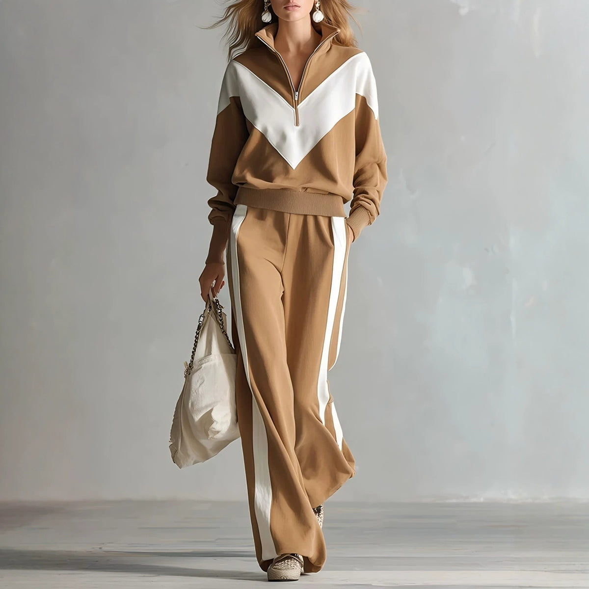 Women's Colour-Block Chevron Half-Zip Sweatshirt & Wide-Leg Side-Stripe Tracksuit Set