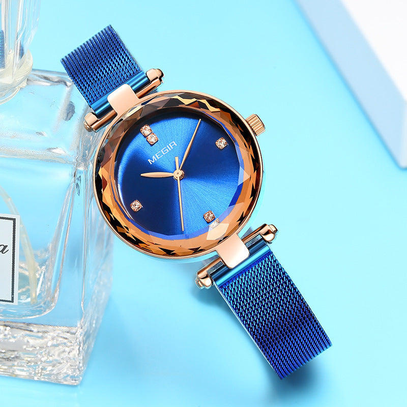 Stylish Cut-mirror Imported Movement Quartz Womens Watch With A Steel Band And Diamond Accents