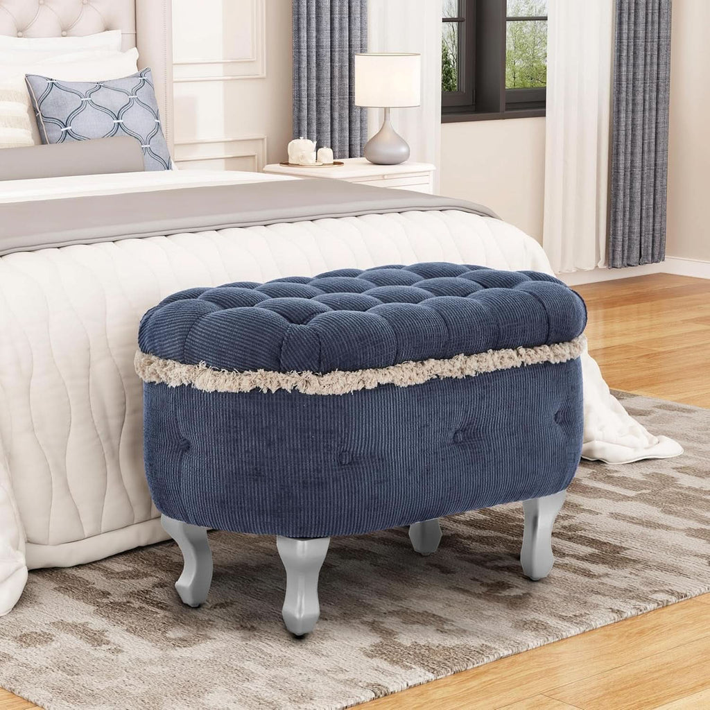 Blue 29.5 Inch Upholstered Storage Ottoman Cushion