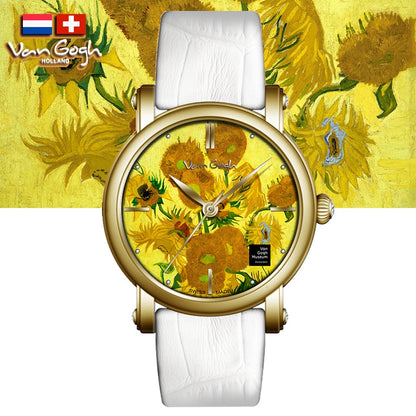Van Gogh Women's Quartz Watch 3D Printed Oil Painting Dial Steel Strap Sunflowers