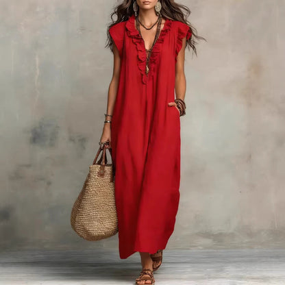 Women's Sleeveless Ruffle Pocket Maxi Dress