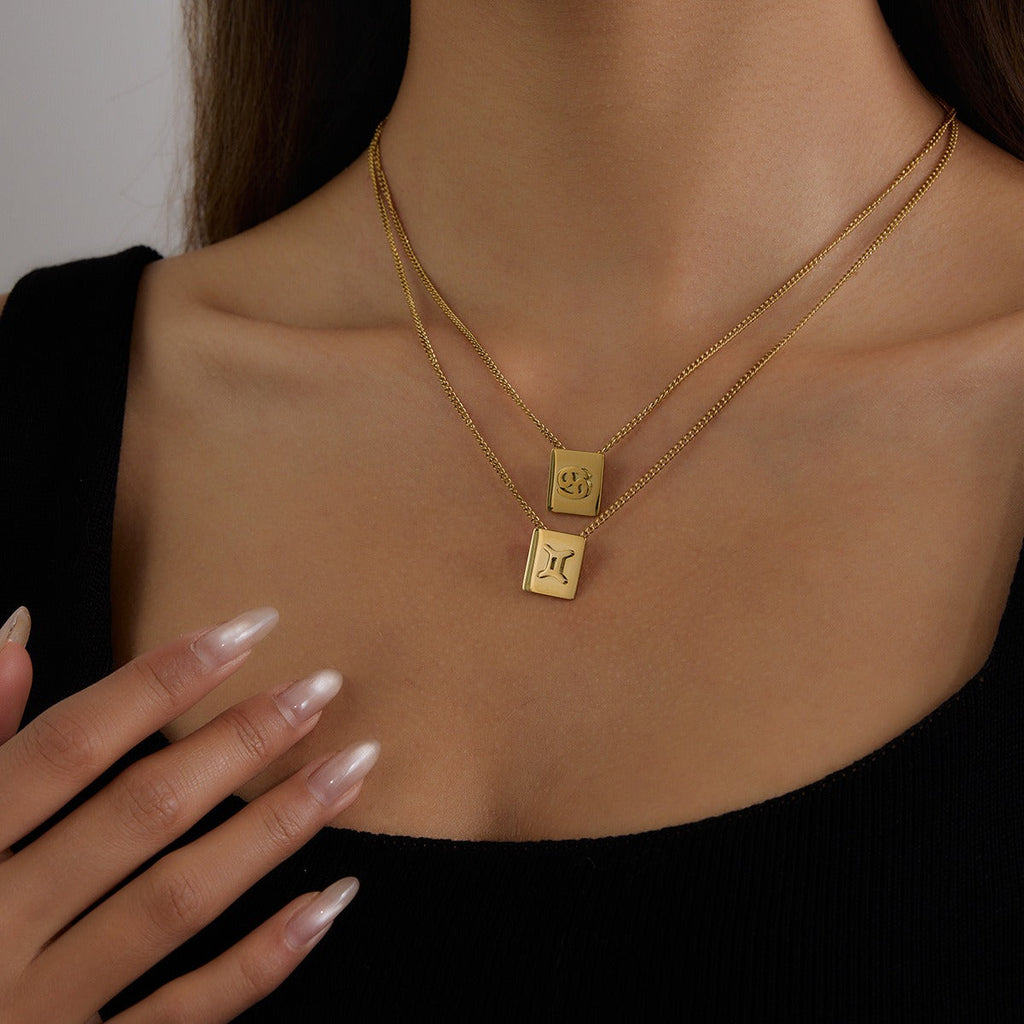 18K gold square necklace with twelve zodiac elements design, classic and fashionable